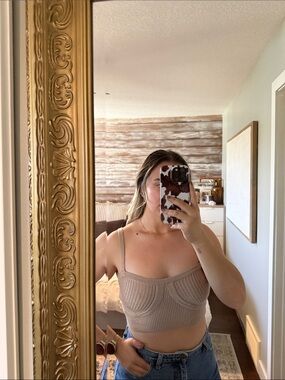 NA-KD Ribbed Knit Bralette Top in Beige